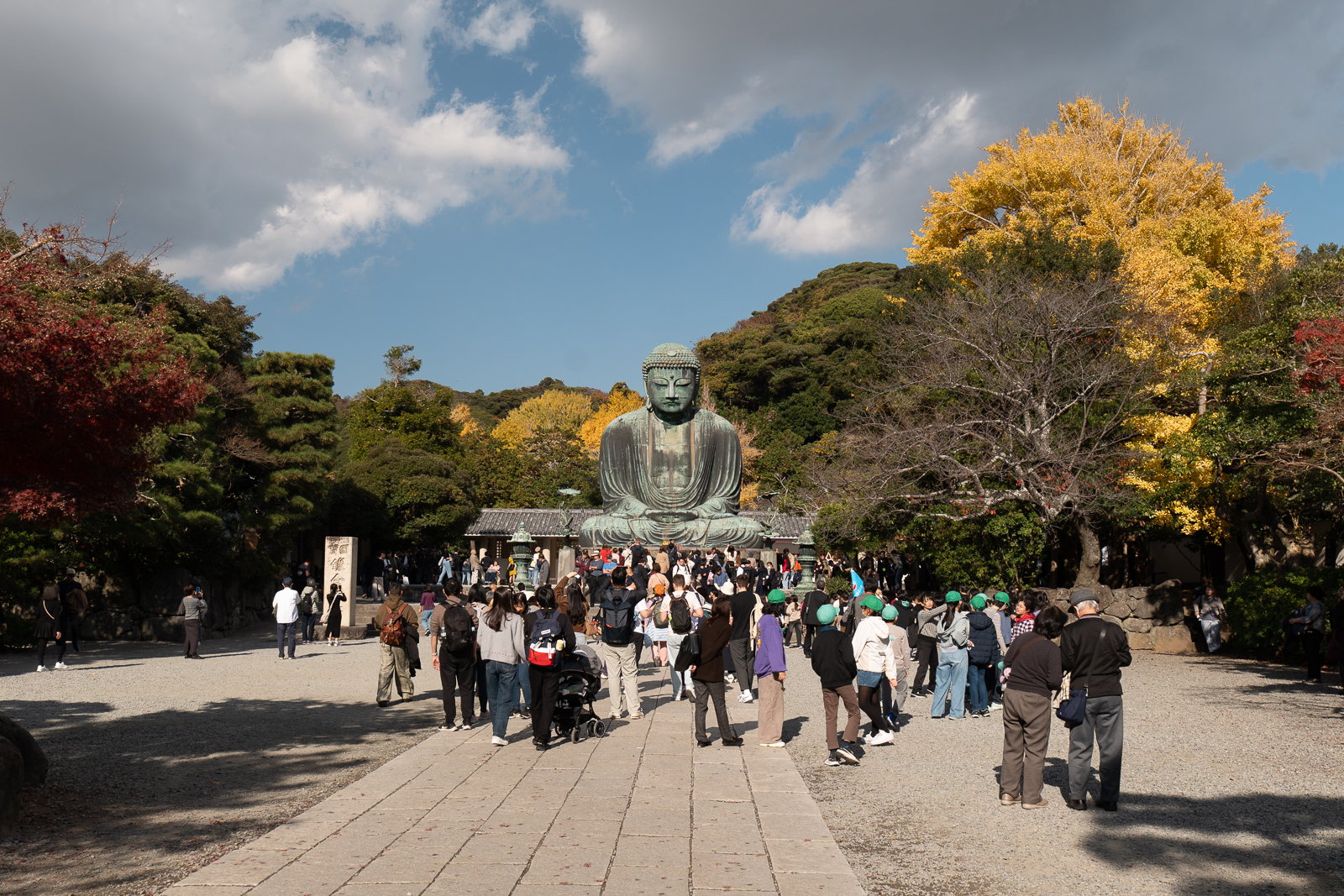 Visitors gathered along the central approach facing the Great Buddha at Kotoku-in Temple, showing typical crowd levels during peak autumn in Kamakura.