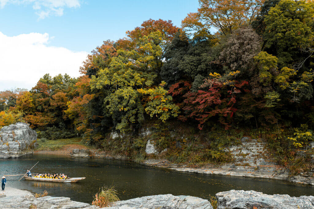 Wide view of the Arakawa River and Iwadatami rock formations during autumn in Nagatoro