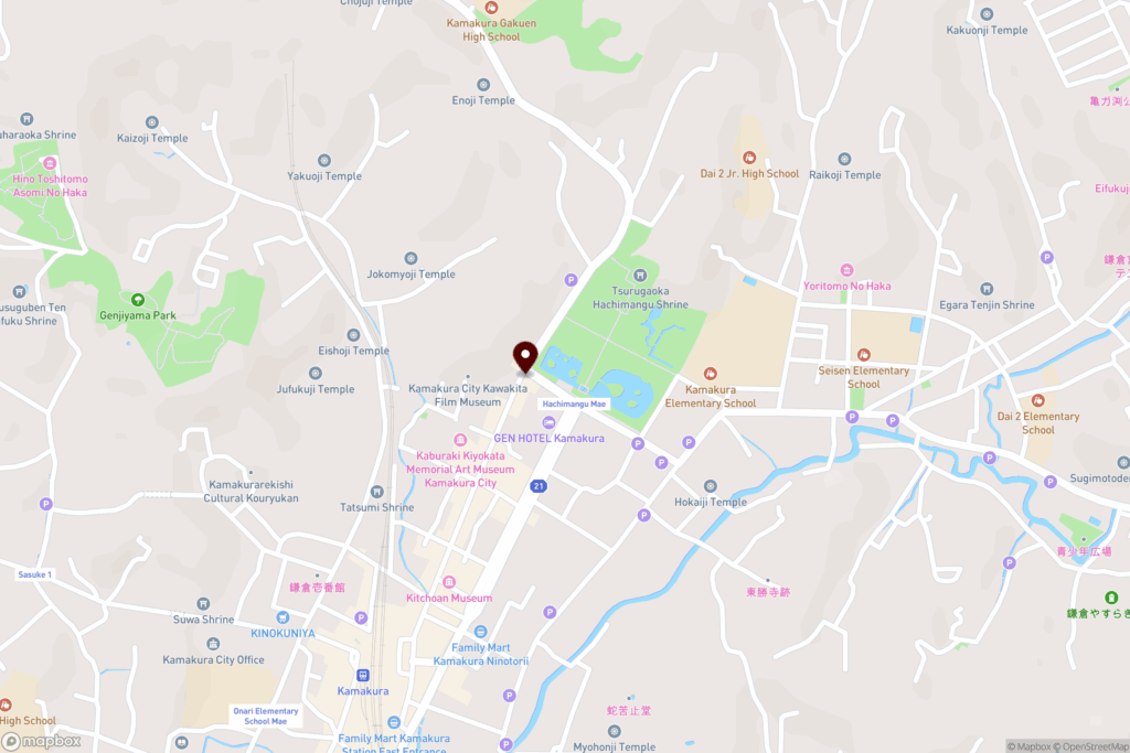 Map showing the location of Tsurugaoka Hachimangū in central Kamakura.