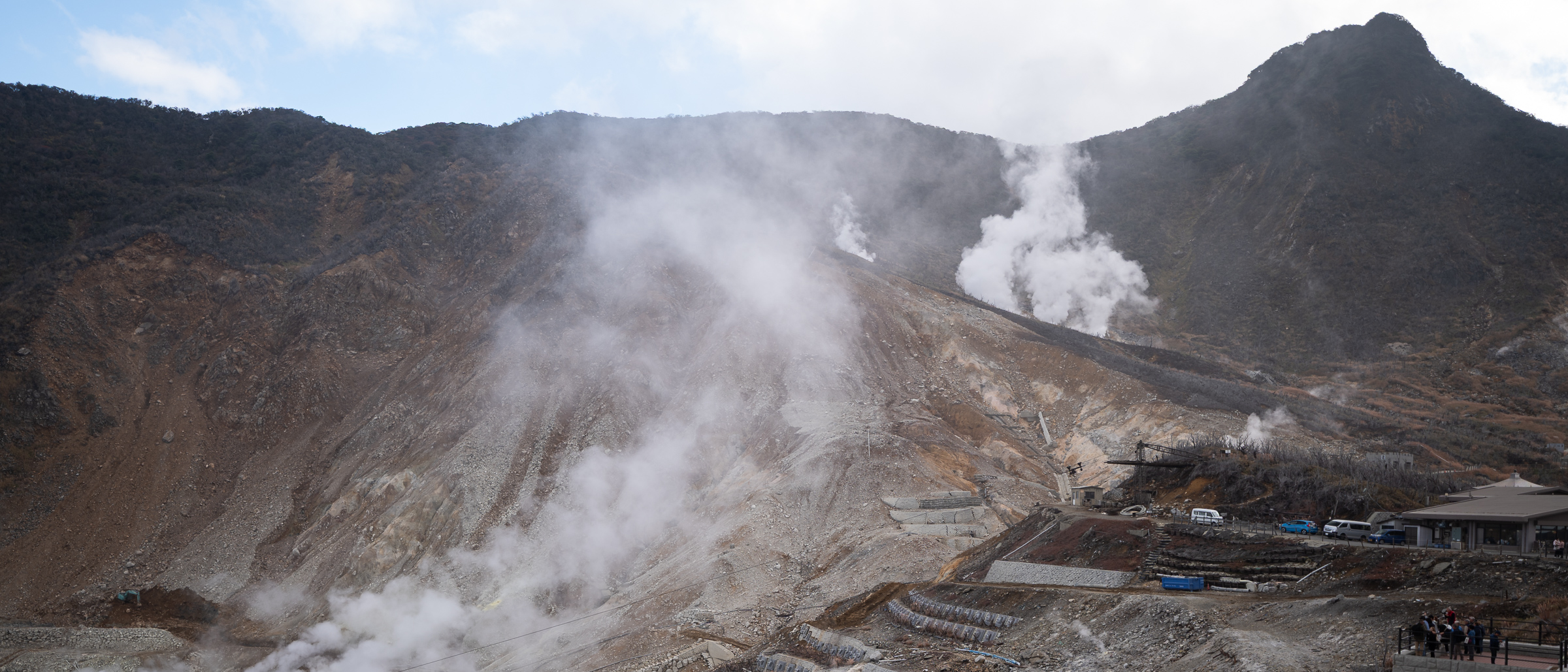 Steam rising from the volcanic valley at Owakudani in Hakone, viewed from the designated observation area
