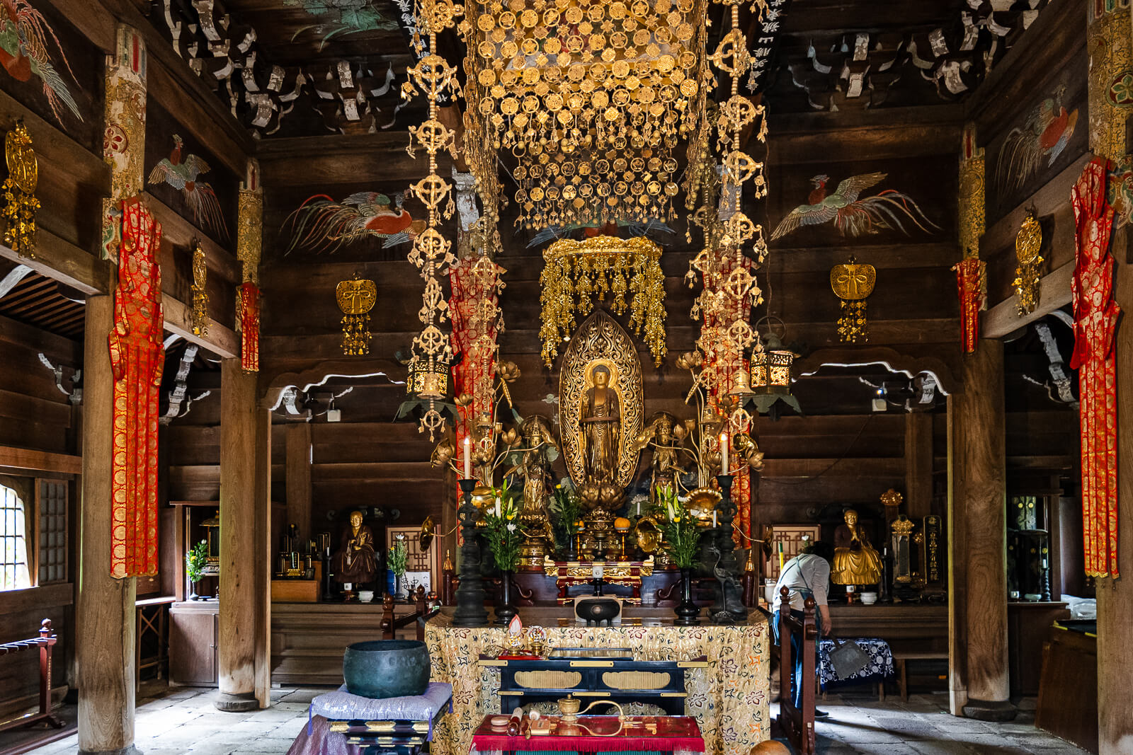 Interior altar and hanging ornament inside Eisho-ji