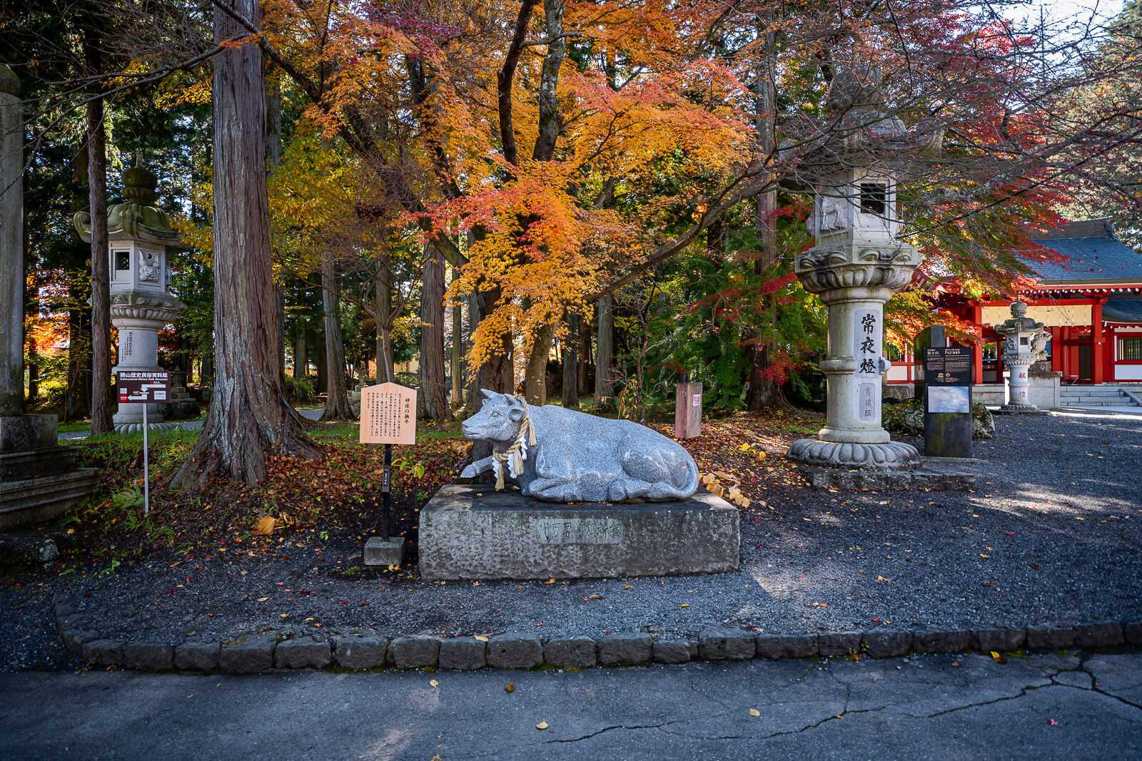 Reclining stone bull beneath autumn foliage at Fuji Omuro Sengen Shrine
