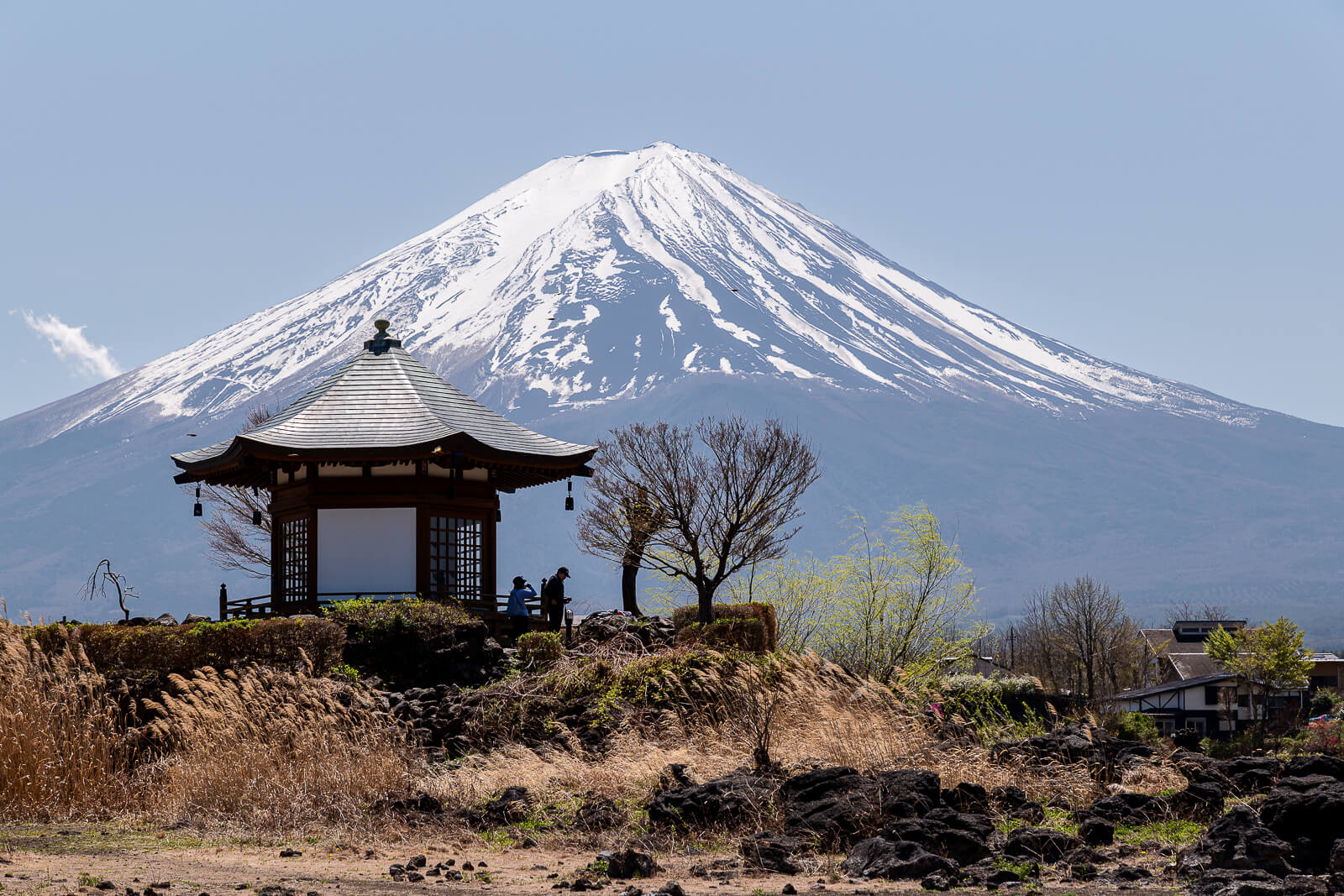Small lakeside structure with Mount Fuji beyond at Yagizaki Park