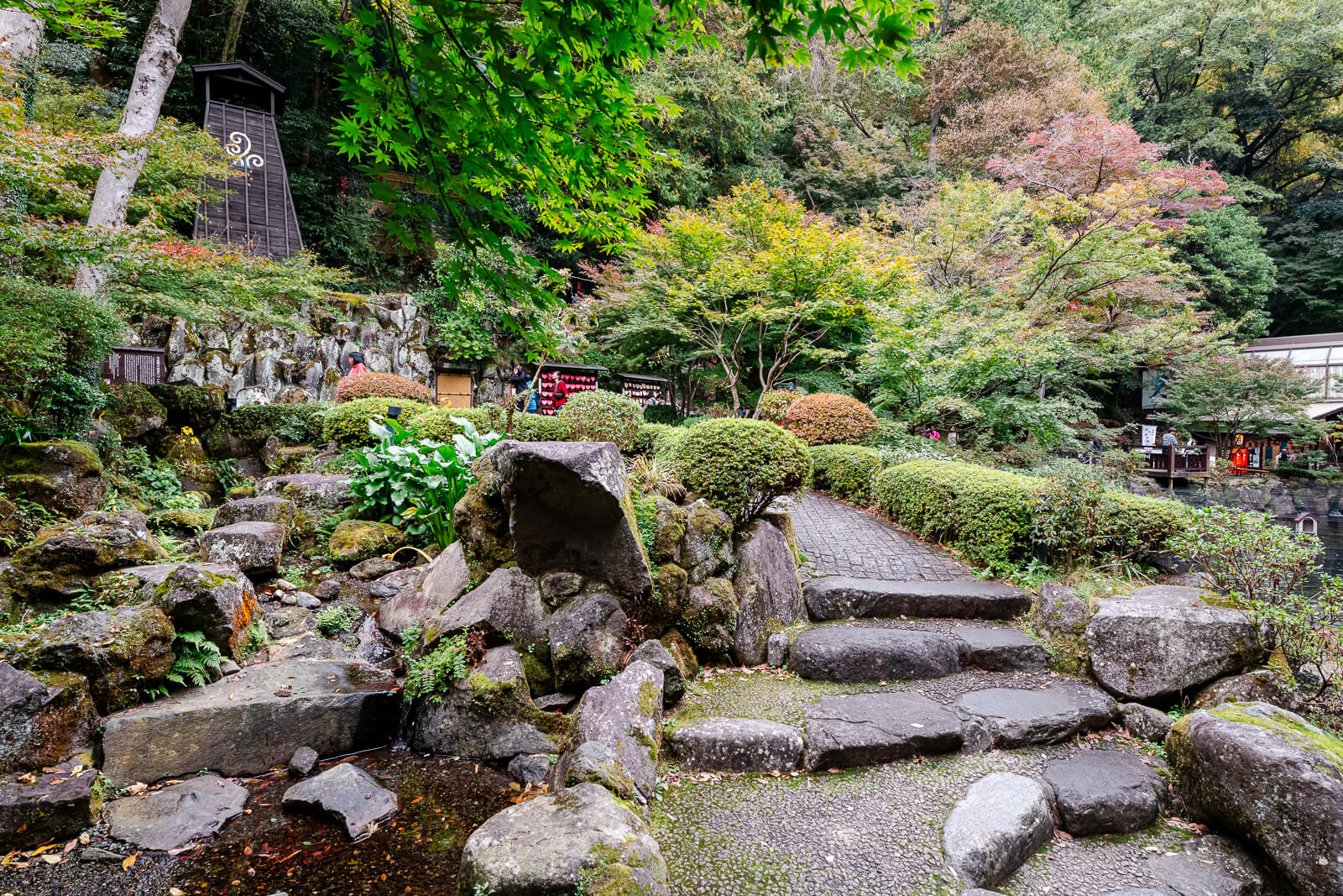 Stepping-stone path crossing a shallow landscaped stream among rocks and autumn foliage in Tenseien Garden.