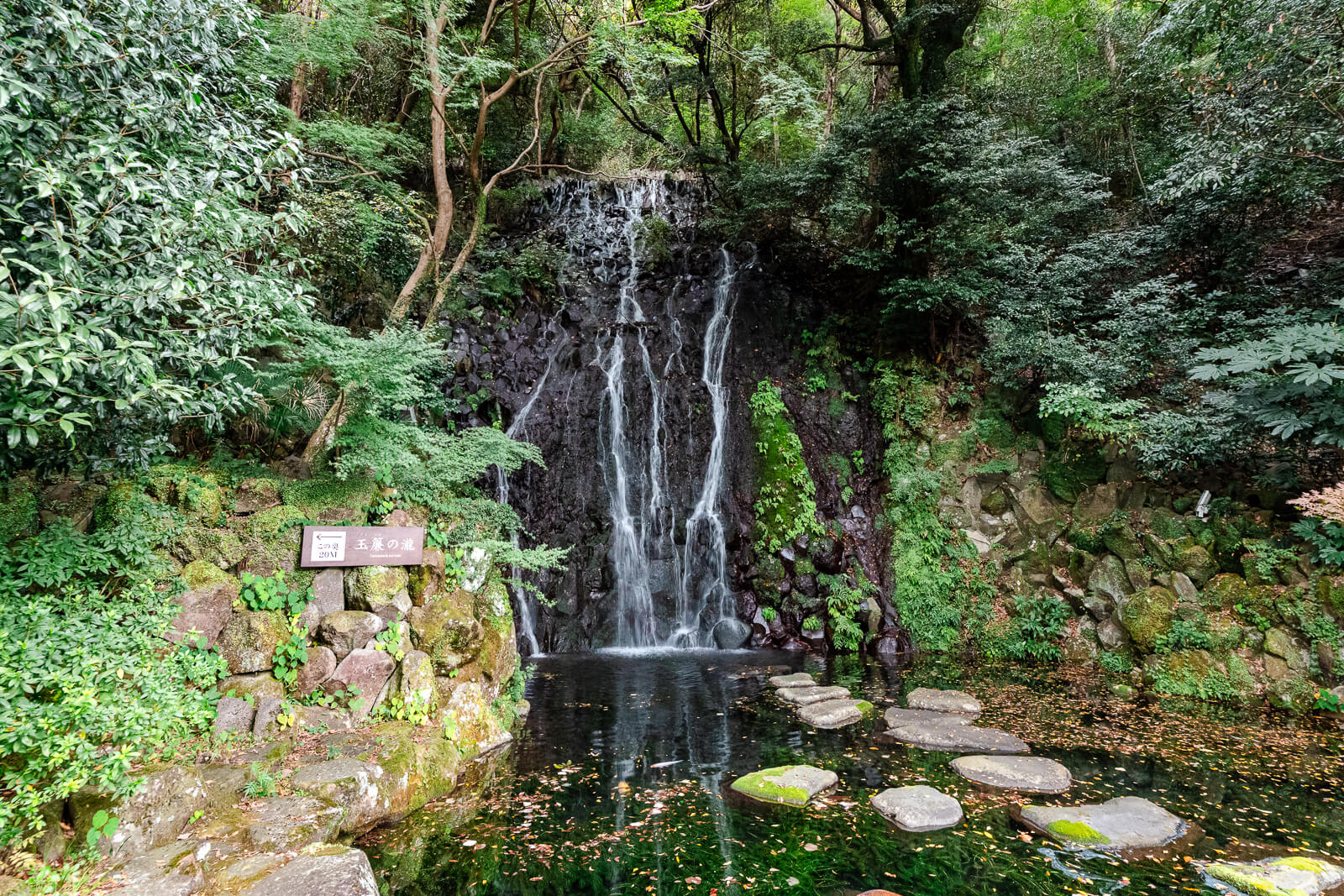 Tamadare Falls descending into a landscaped pond surrounded by dense trees and rockwork in Tenseien Garden.