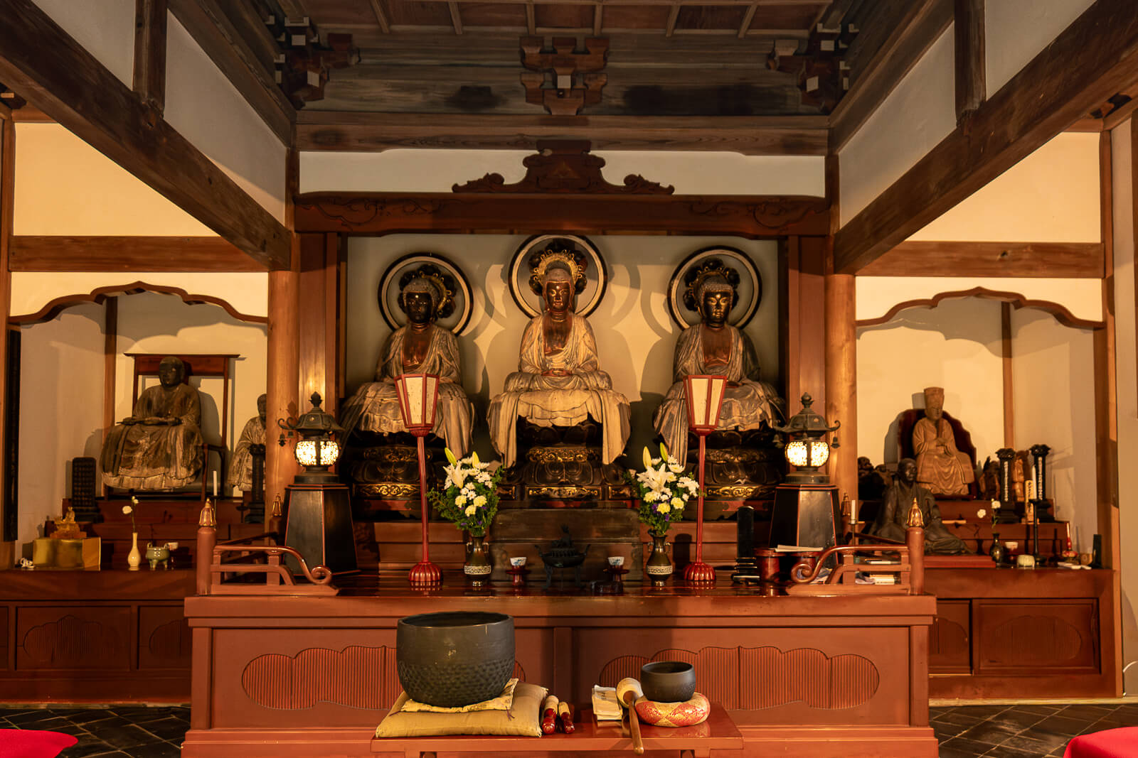 Interior of the Hondō showing the principal Buddhist statues