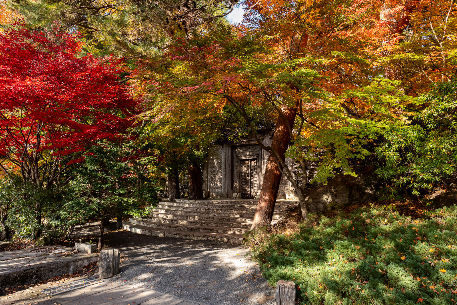 Stone arch and steps among autumn trees at Kawaguchiko Maple Corridor area