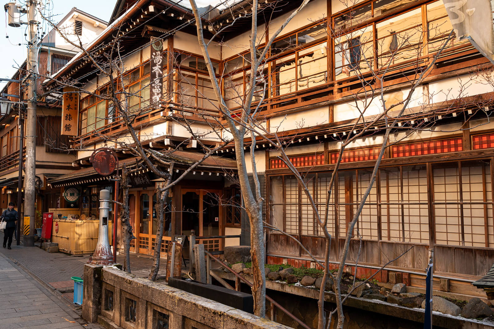Multi-level wooden ryokan façade at Shibu Onsen, Yamanouchi
