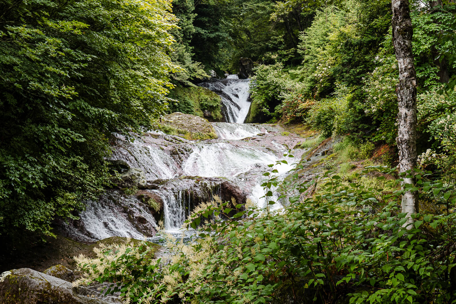 Tiered rock cascades at Oshidori Kakushi Falls in Chino Nagano