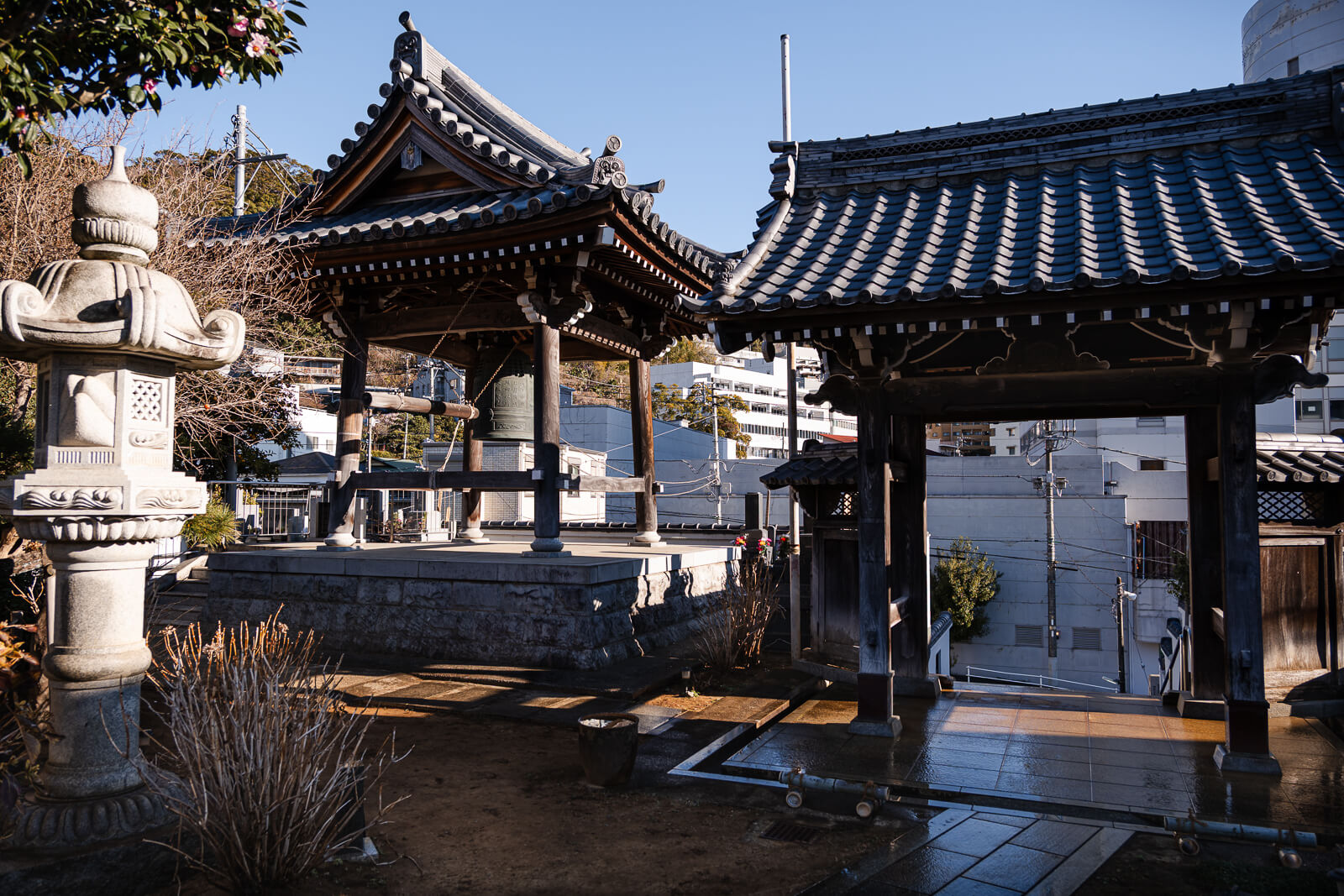 Traditional wooden hall and stone steps at Seigon-in Temple, Atami