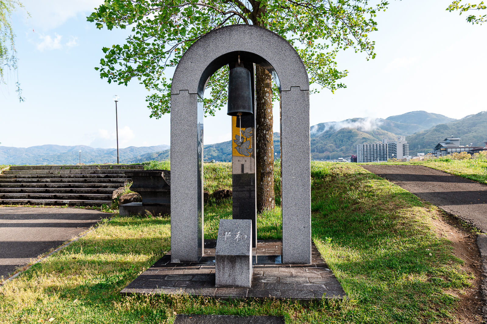 Historical landmark bell tower at Sekicho Park at Lake Suwa