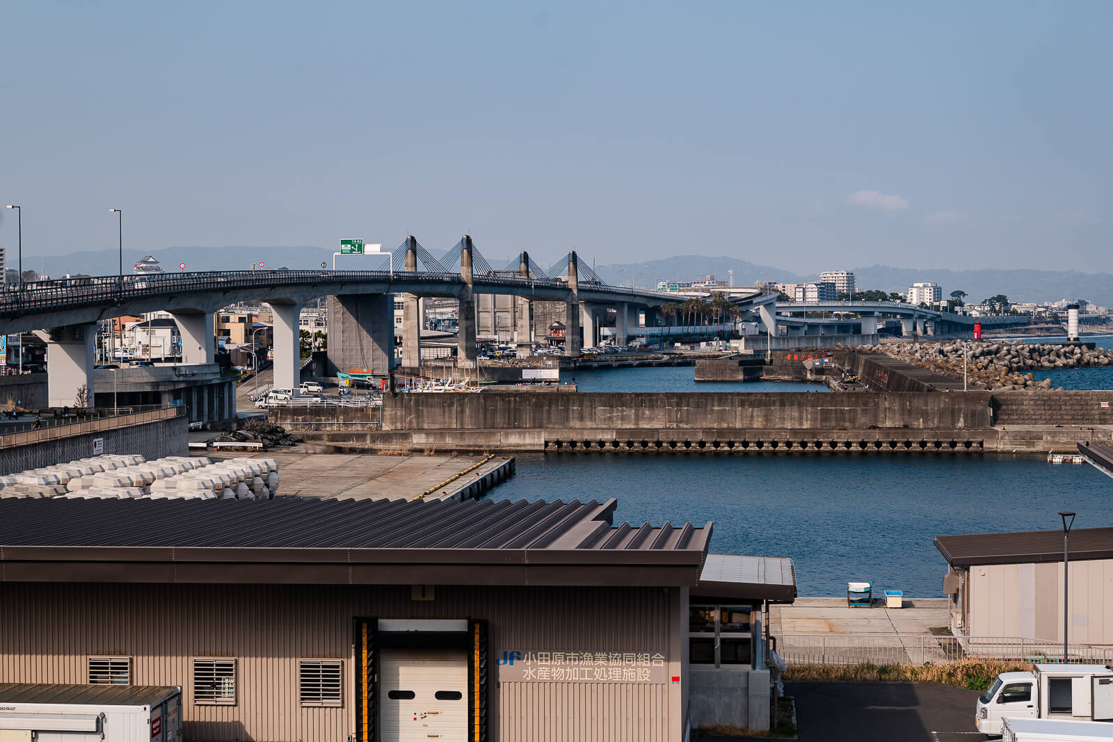 View of Odawara fishing harbor and coastline from near TOTOCO Odawara