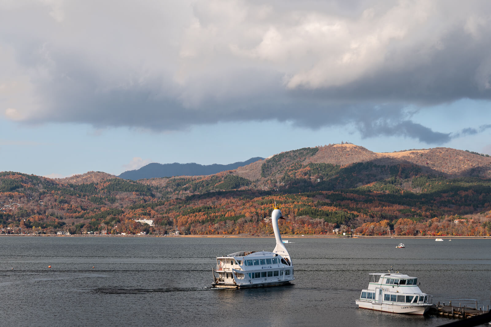 Large swan sightseeing boat on the lake at Asahigaoka Park, Lake Yamanakako