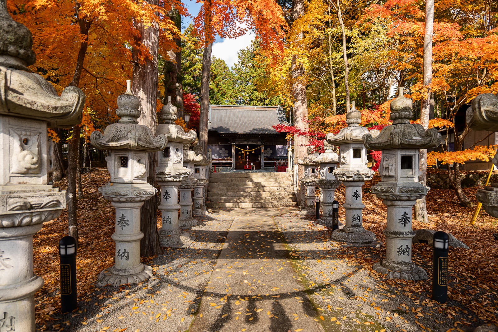 Closer lantern row with a foreground stone cap at Hirano Tenmangu