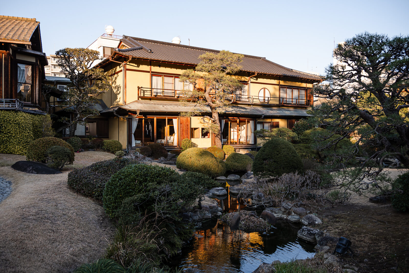 Historic Kiunkaku villa building overlooking the garden in Atami