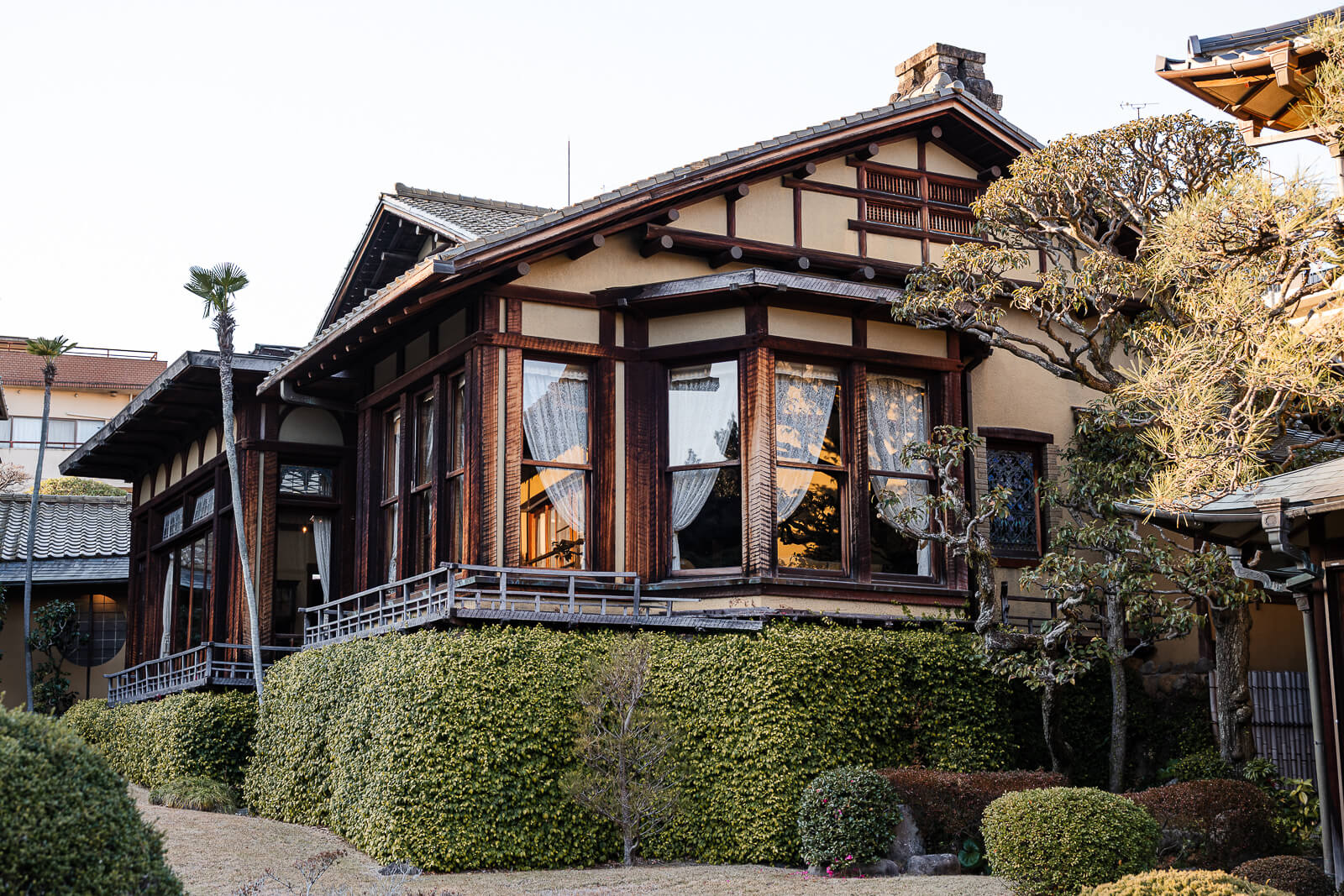 Exterior of Kiunkaku villa building and garden area in central Atami