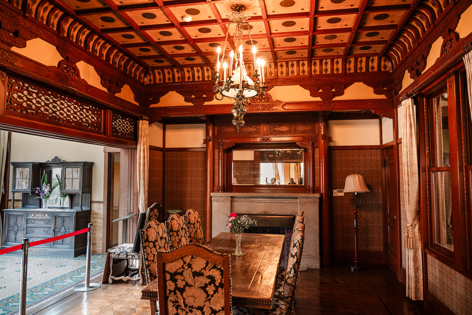 Western-style interior room with decorative ceiling inside Kiunkaku villa in Atami