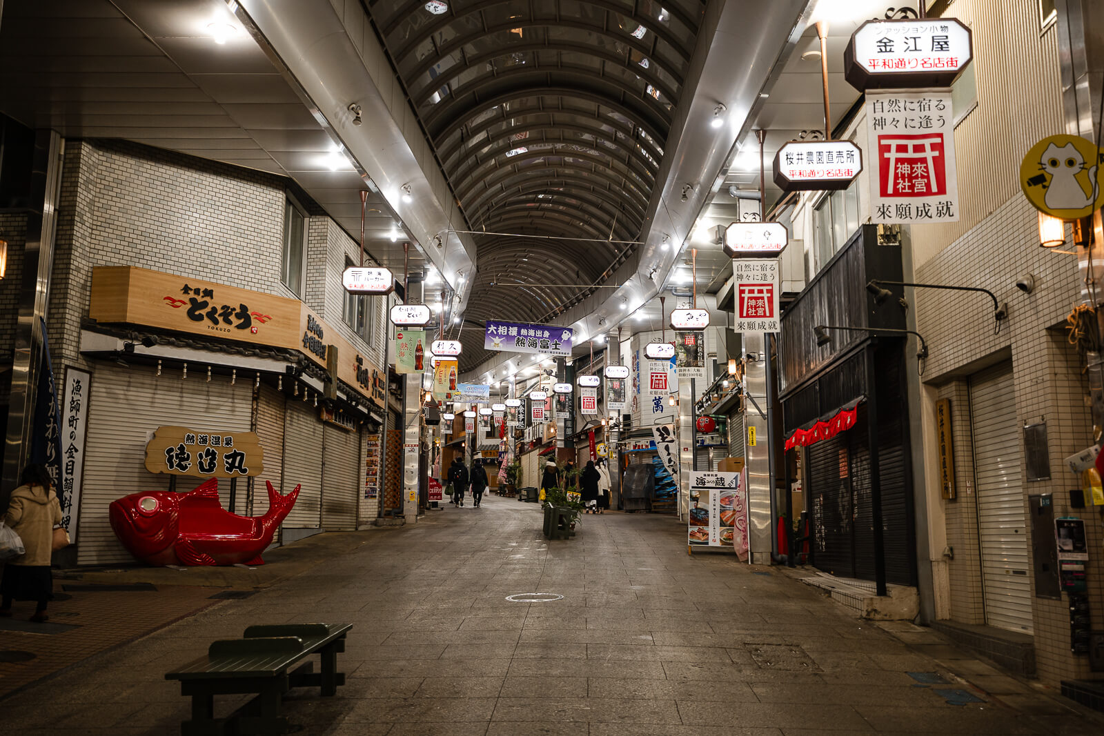Heiwadori and Nakamise shopping streets near Atami Station at night with quiet pedestrian walkways