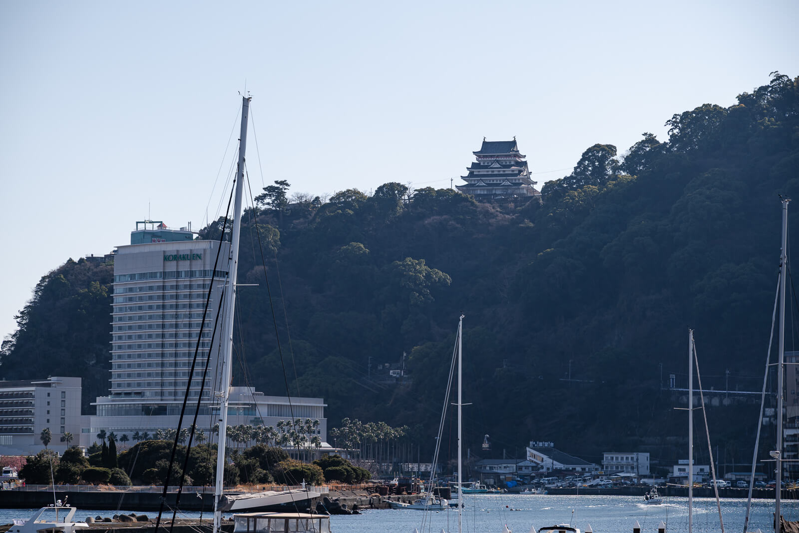 View toward Atami Castle rising above the harbor from Moon Terrace plaza