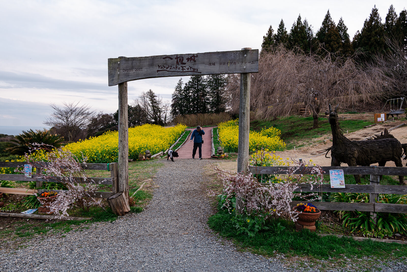 Entrance area of Cakes & Cafe Yoroizuka Farm near Ishigakiyama Castle Ruins, with a torii-style gate, flowers, and hillside landscaping.