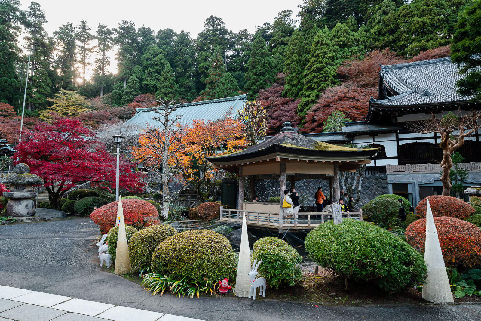Temple buildings and landscaped grounds surrounded by autumn foliage at Daiyuzan Saijoji