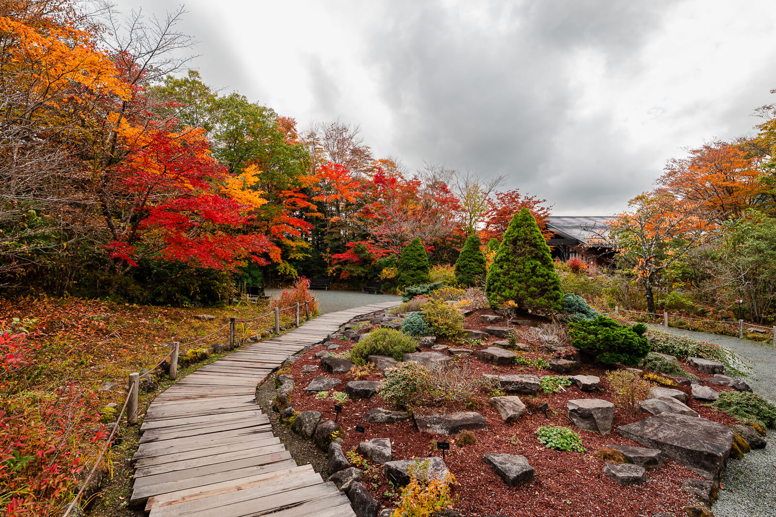 Garden path passing autumn plantings near the entrance to Hakone Botanical Garden of Wetlands