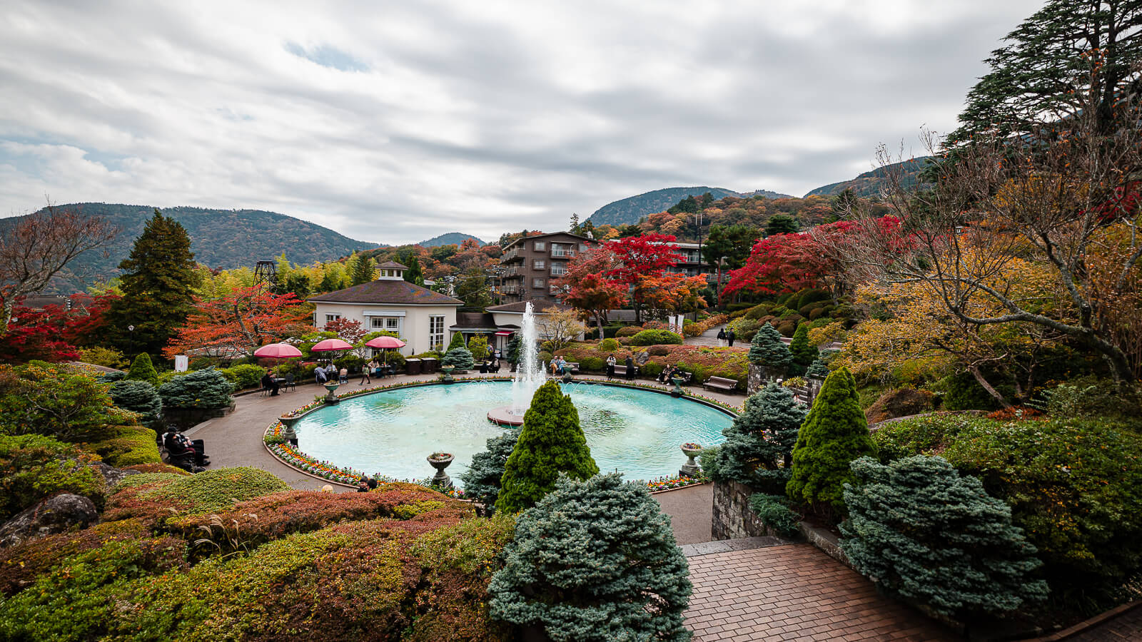Central fountain and autumn foliage at Hakone Gora Park in Gora
