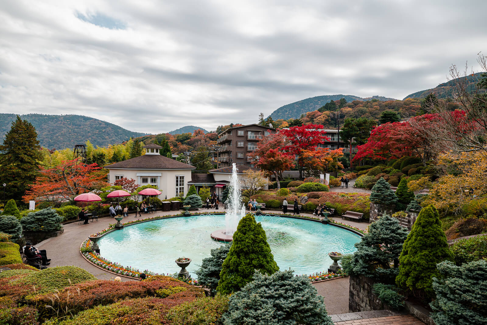 Wide view of the central fountain and formal gardens at Hakone Gora Park