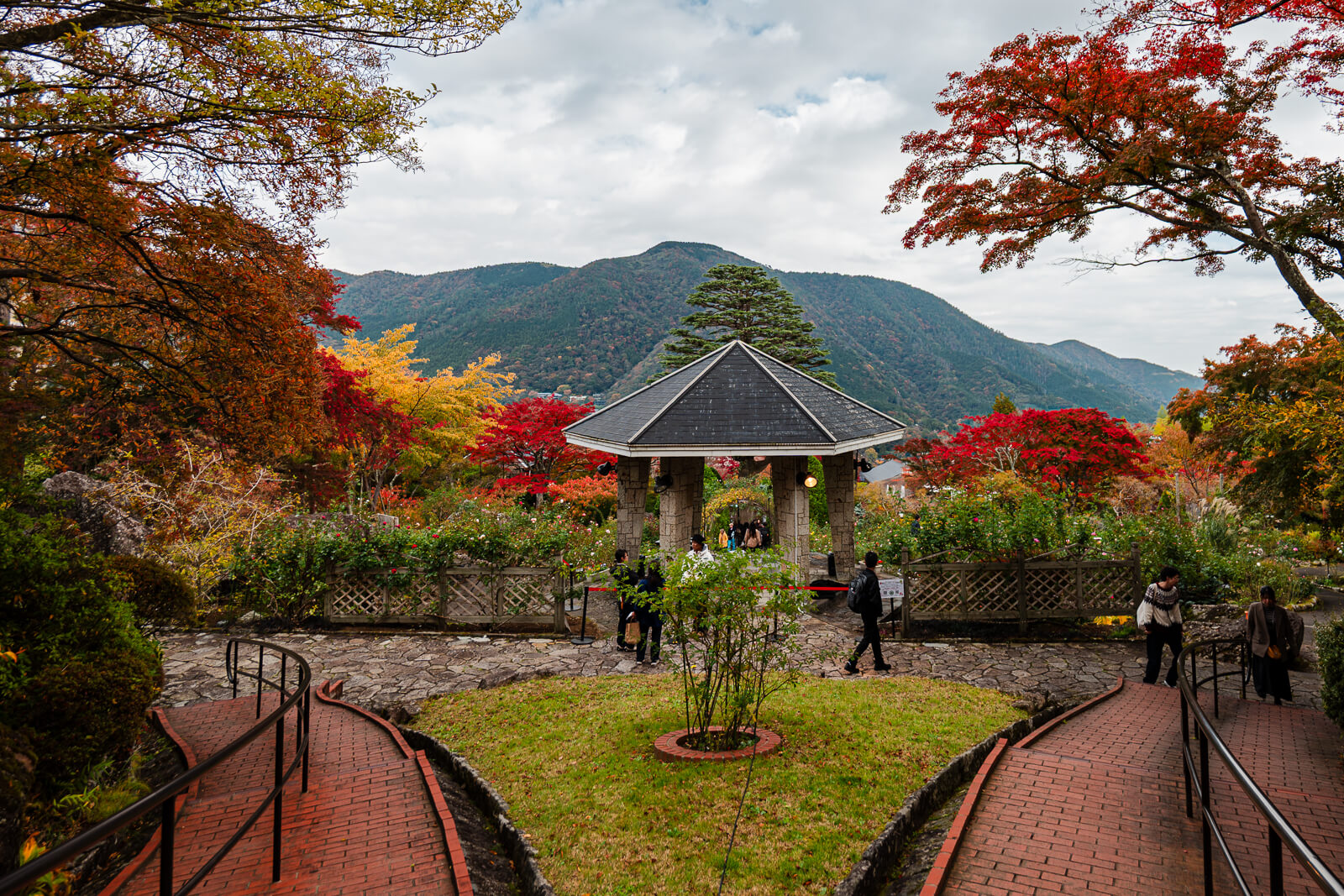 Terraced garden and mountain view from an upper path at Hakone Gora Park
