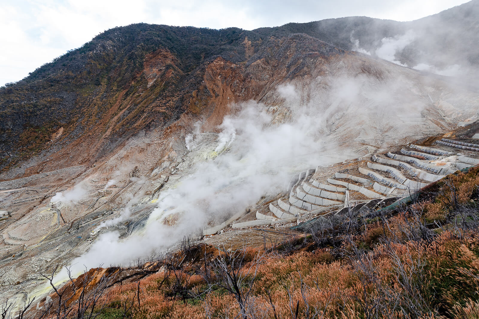 Close view of steam vents and mineral-stained ground in Owakudani