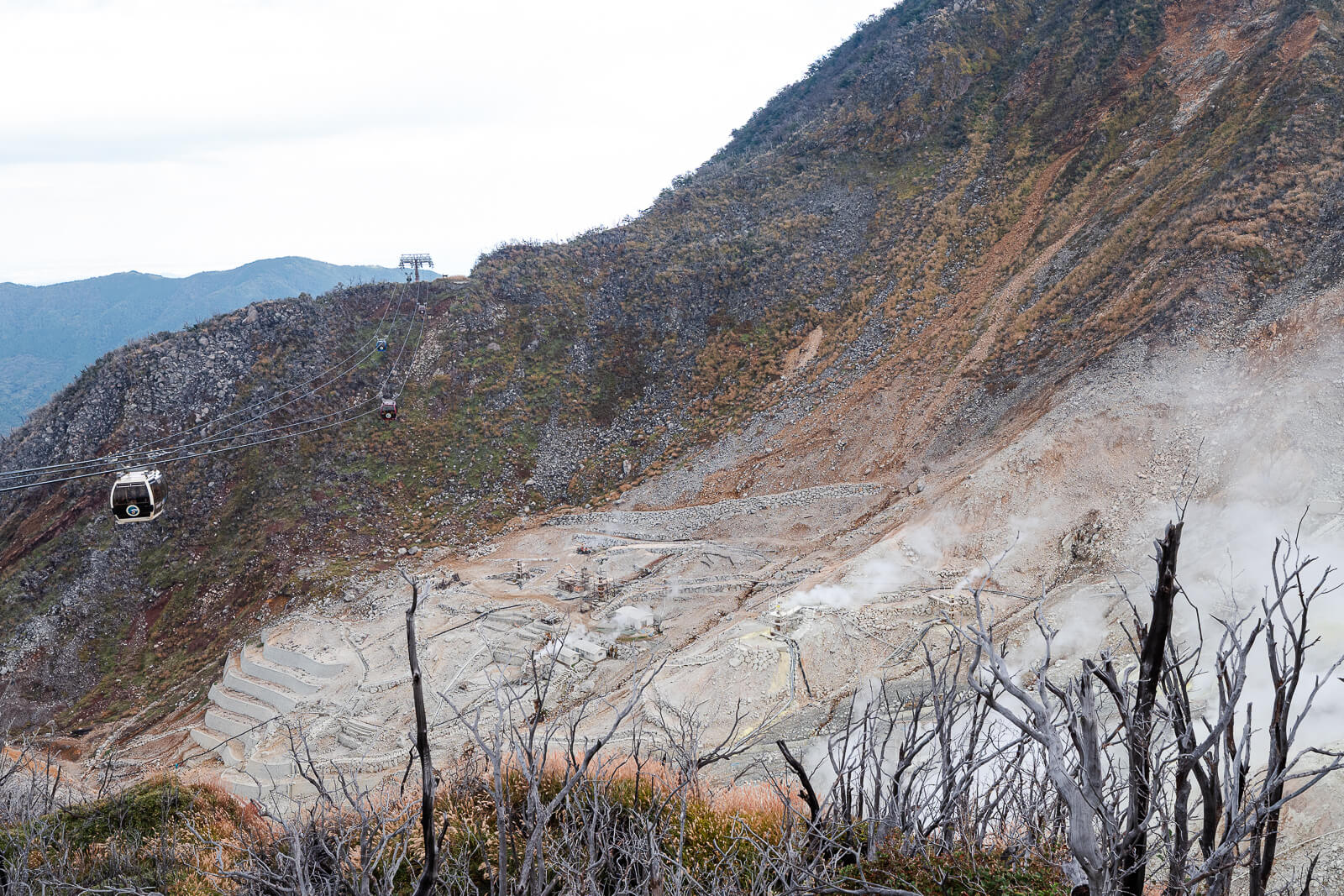 Volcanic slopes of Owakudani showing mineral-stained rock and active steam vents