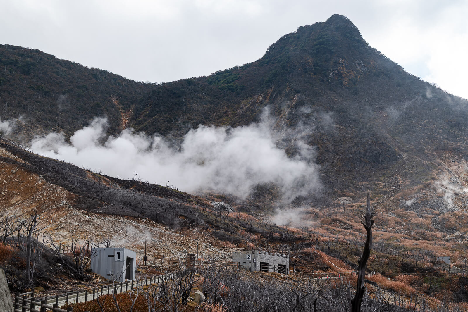 Steam vents seen directly below from the ropeway with rugged volcanic terrain