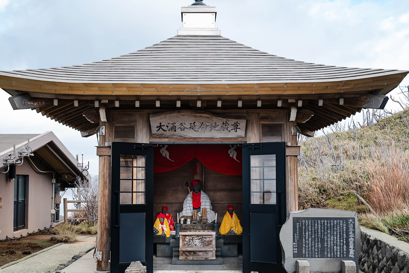 Enmei Jizo Bosatsu shrine at Owakudani with small structure and offerings inside