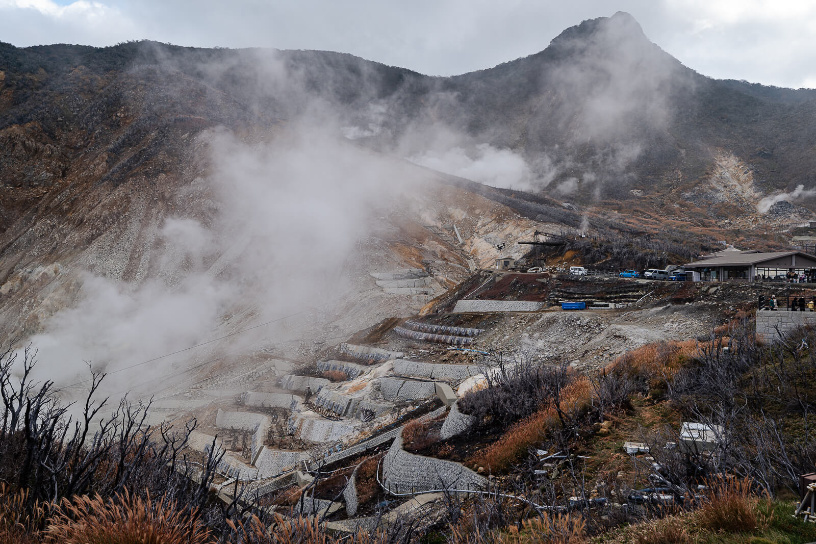 Terraced volcanic slopes with steam drifting across Owakudani viewing paths
