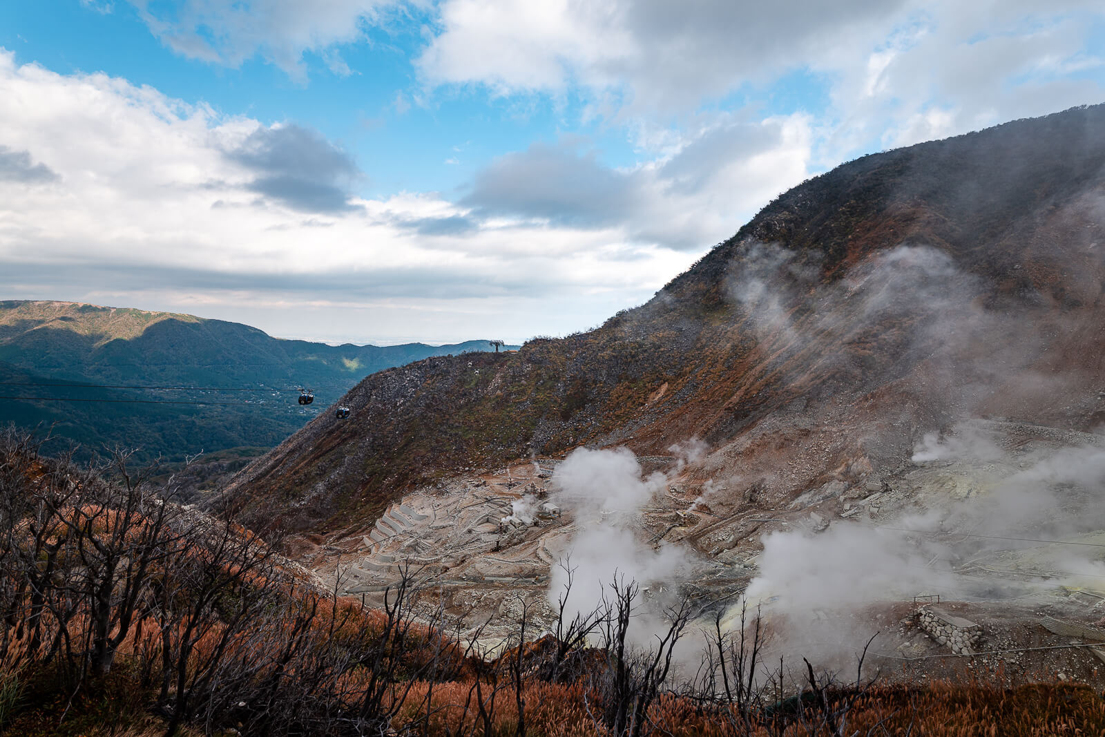 Steam vents and volcanic slopes of Owakudani viewed from an elevated perspective in Hakone