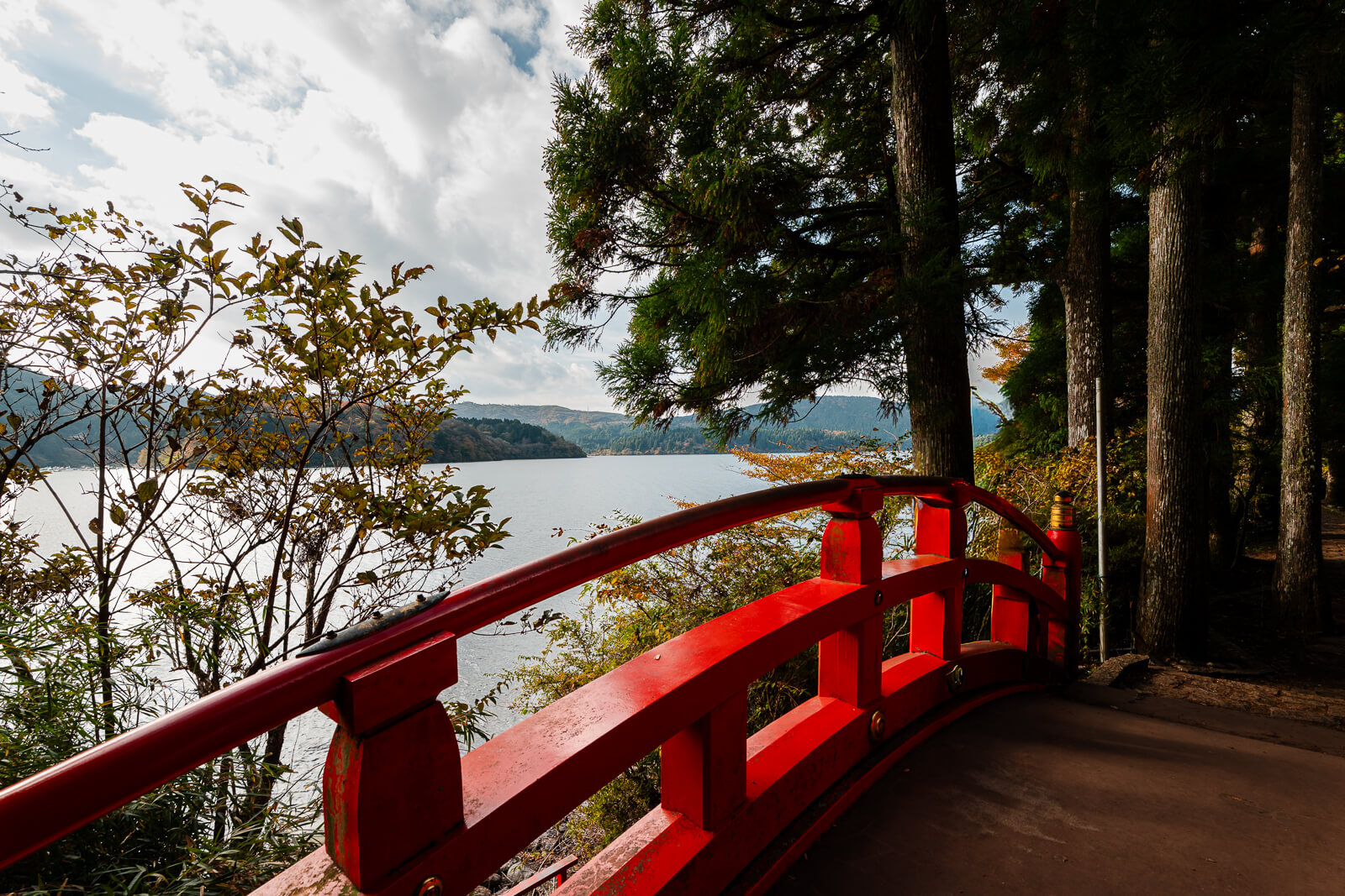Red railing beside a wooded path overlooking Lake Ashi on the approach to Hakone Shrine in Motohakone