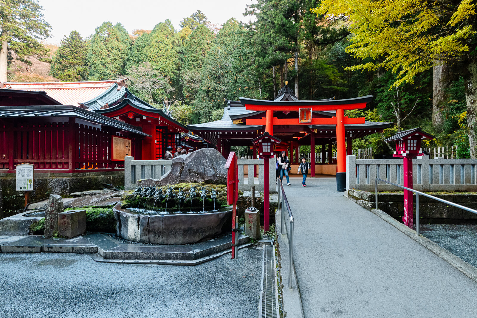Ryujin Suisha water basin beside the walkway and red torii of Kuzuryu Shrine Shingu at Hakone Shrine in Motohakone