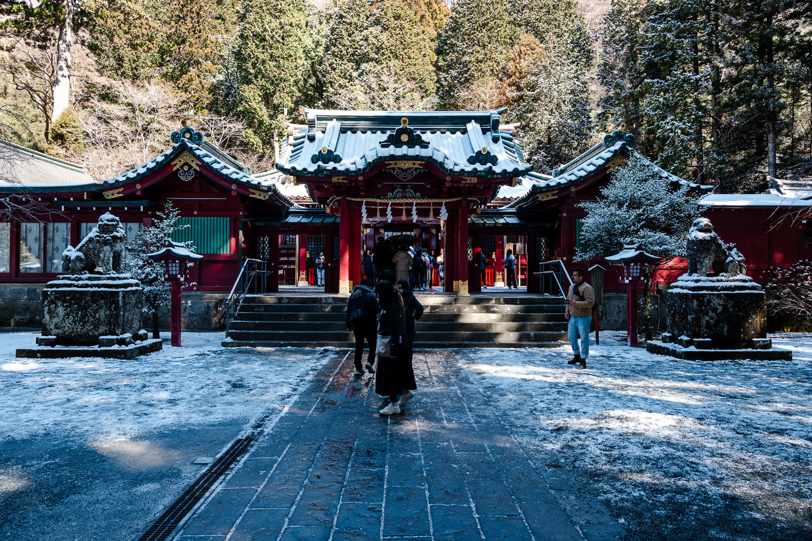 Light snow across the main shrine courtyard, roofs and surrounding trees at Hakone Shrine in Motohakone