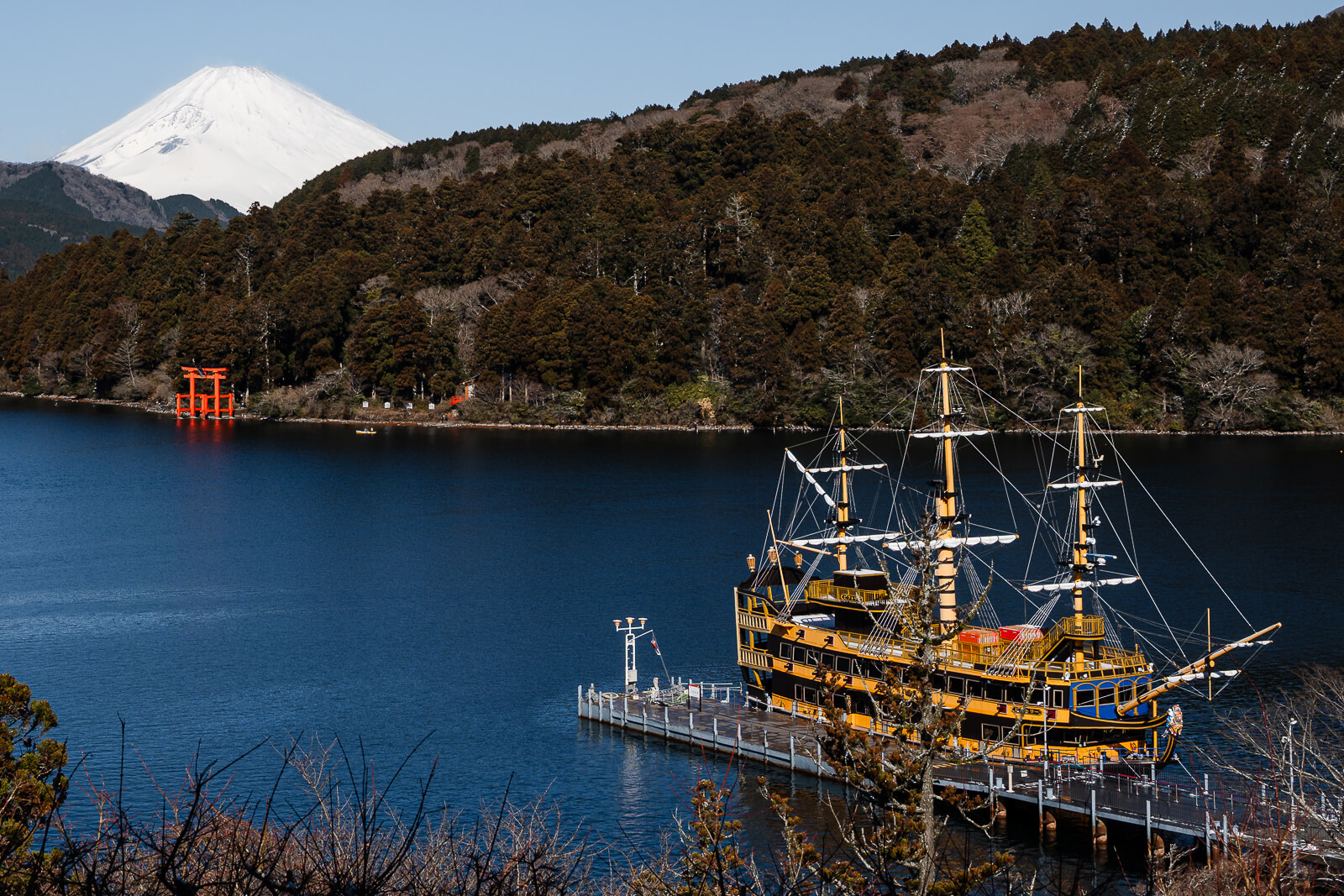 Hakone sightseeing pirate ship in MotoHakone with Mount Fuji in the background