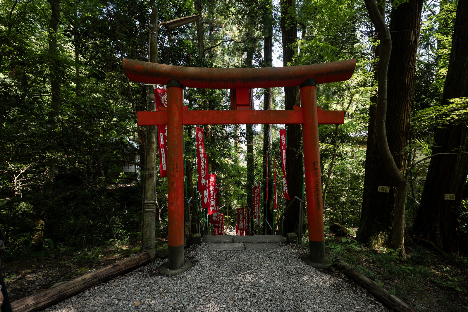 Red torii gate along a shaded path at Hodosan Shrine in Nagatoro