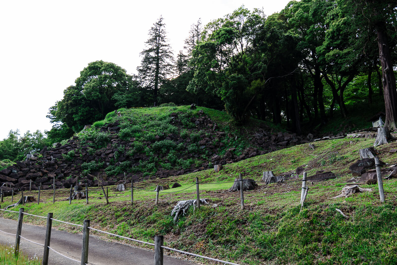 Stone wall remains on the hillside at Ishigakiyama Castle Ruins in Odawara