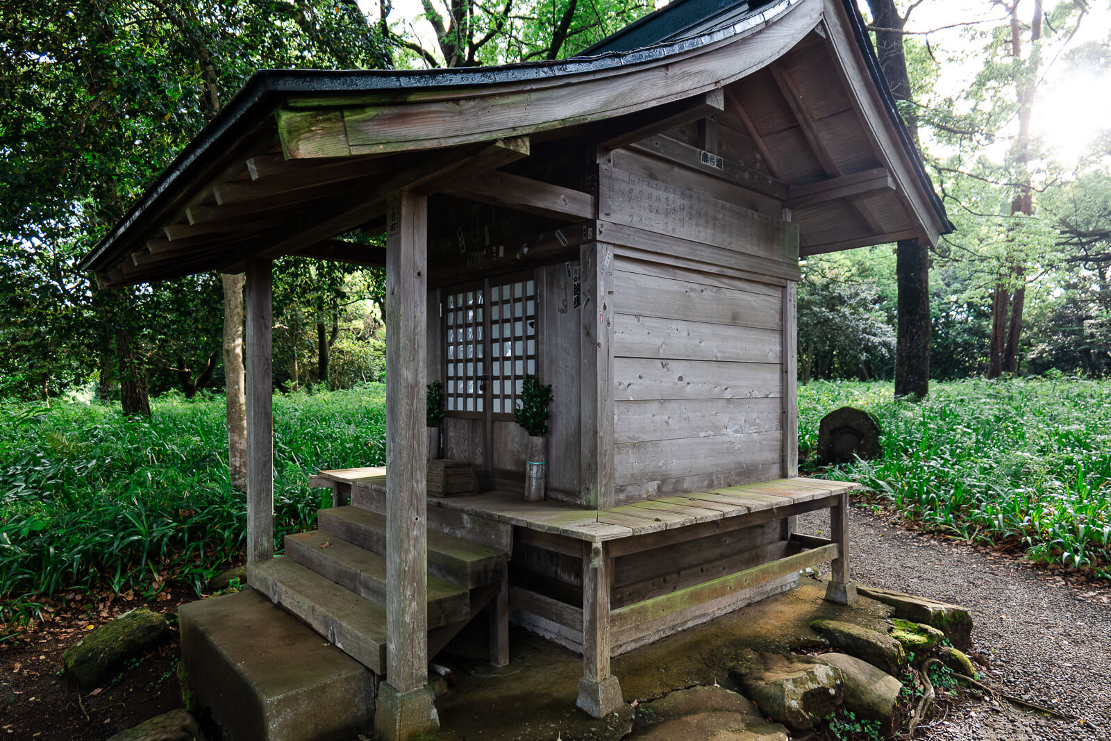 Small shrine structure within the wooded grounds of Ishigakiyama Castle Ruins in Odawara