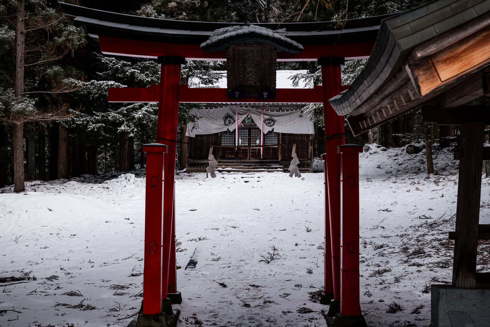 Shanglin Fudozun - Red torii gate standing in snow with a shrine building beyond in the forest