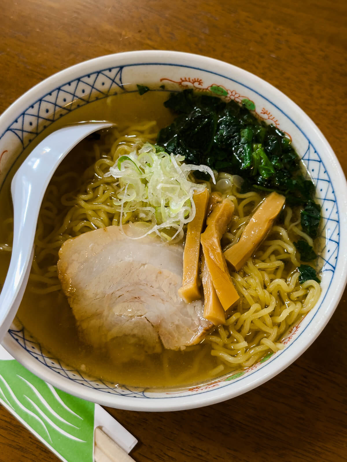 Bowl of ramen served in the dining area at Katakurakan in Kamisuwa Onsen