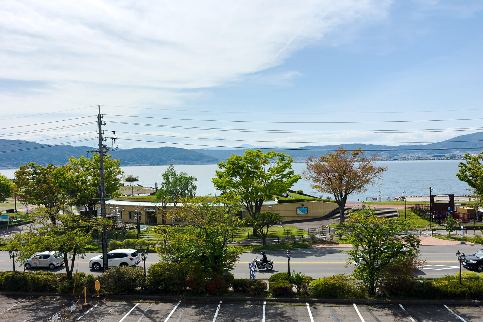 Lake Suwa seen from the rooftop area of Katakurakan in Kamisuwa Onsen