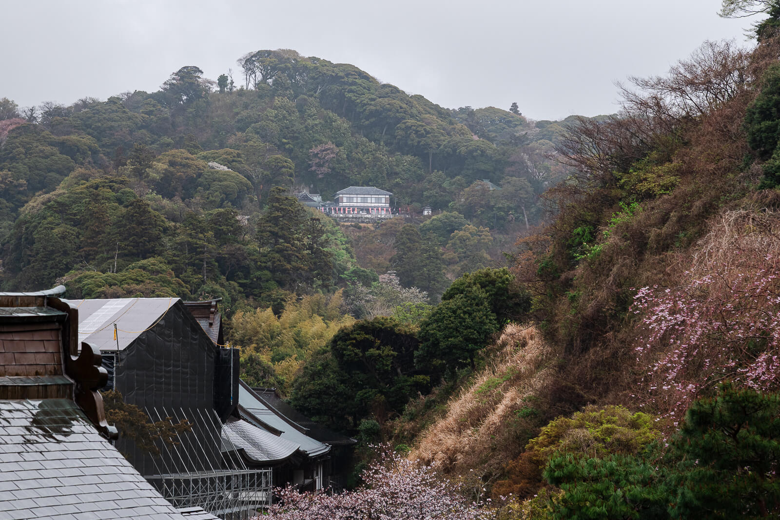 Elevated view over Hansobo Shrine and the observation decks in the hills above Kencho-ji Temple