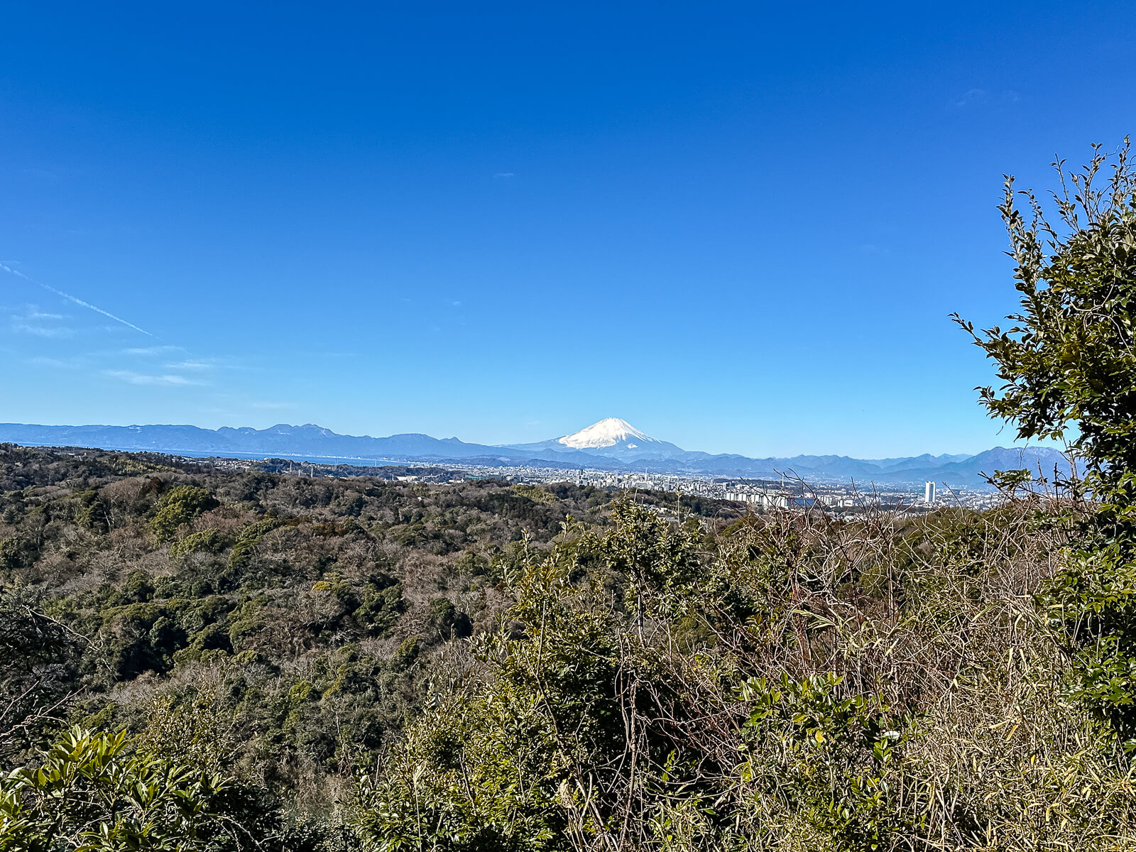 Mount Fuji visible beyond the winter hills from the upper viewpoint above Hansōbō at Kenchō-ji