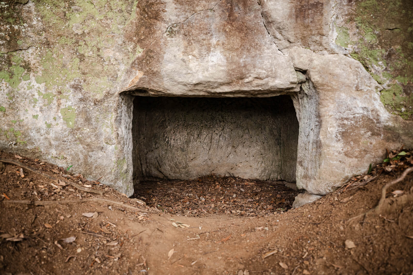 Rectangular yagura burial cave carved into the rock hillside near the Ten-en Hiking Course
