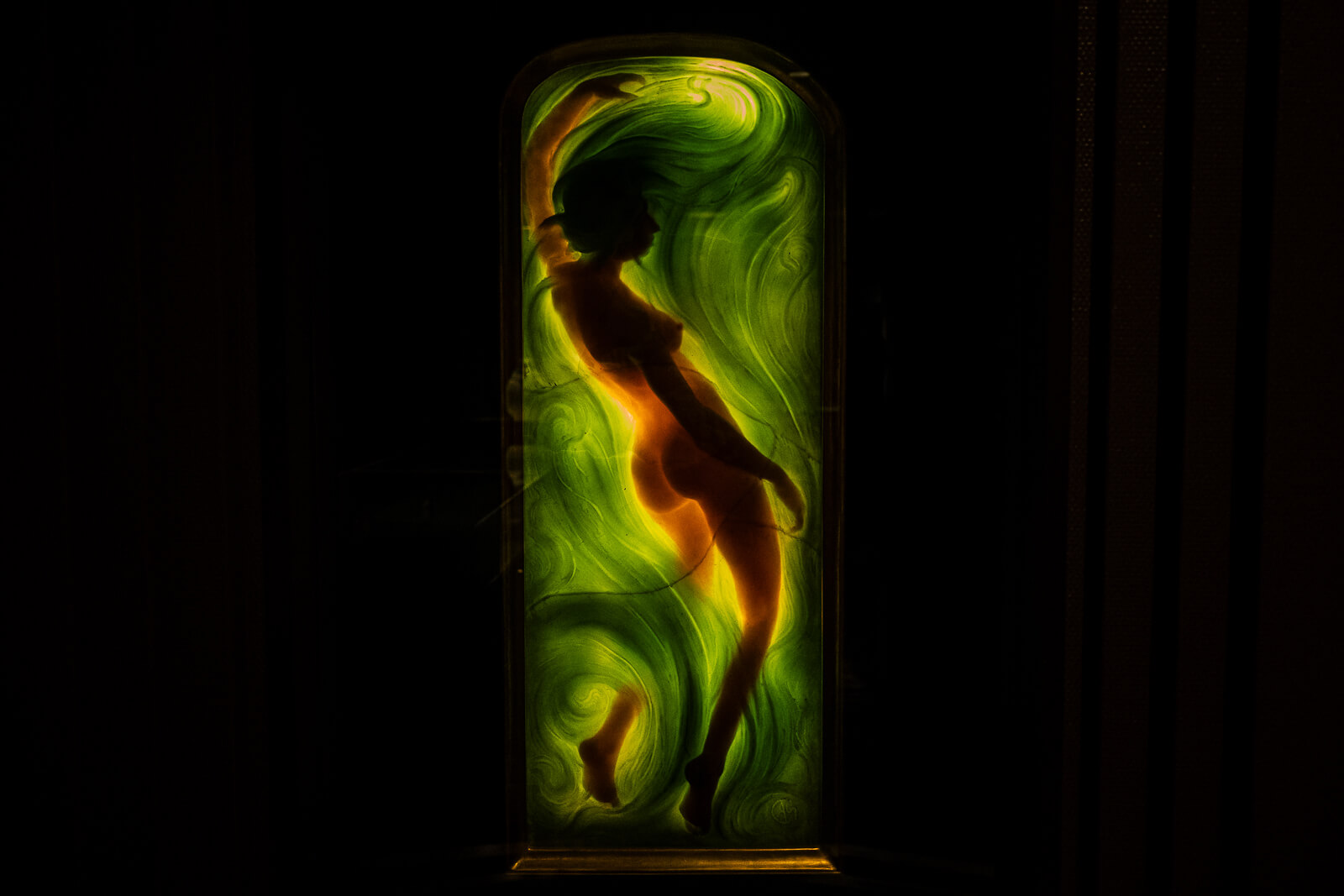Illuminated Art Nouveau glass panel displayed at Kitazawa Museum of Art