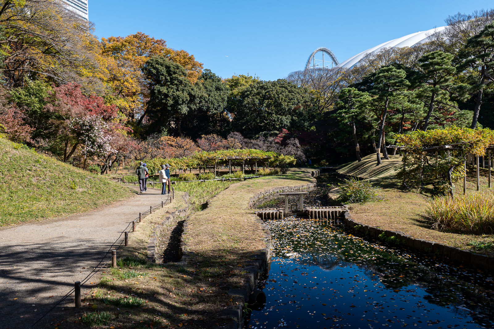 Winding walking paths cross an open landscaped area at Koishikawa Korakuen, with autumn trees and Tokyo Dome visible beyond.